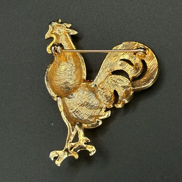 Vintage Enamel Rooster Brooch, Gold Tone Barnyard Chicken Pin - Picture 8 of 8